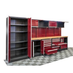Complete werkplaatsinrichting, werkbank houten blad, gereedschapskast, gereedschapsbord, 4 x hangkast,12 laden, 379,5 x 200 cm