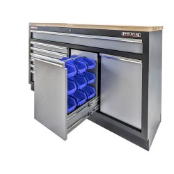 Werkplaatskast 136 cm breed met 7 laden, afvalbak en magazijnbakjes