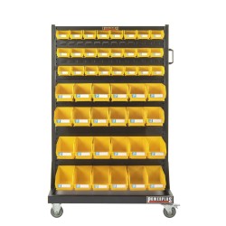 Verrijdbare trolley met 96 magazijnbakken – verrijdbaar magazijnrek - tweezijdig opbergrek.