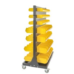 Verrijdbare trolley met 96 magazijnbakken – verrijdbaar magazijnrek - tweezijdig opbergrek.