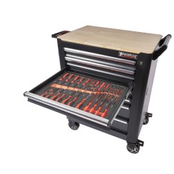 Professionele gereedschapswagen met 7 lades, 5 laden gevuld met gereedschap in foam inleg Professionele gereedschapswagen met 7 lades, 5 laden gevuld met gereedschap in foam inleg