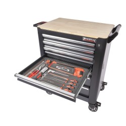 Professionele gereedschapswagen met 7 lades, 5 laden gevuld met gereedschap in foam inleg Professionele gereedschapswagen met 7 lades, 5 laden gevuld met gereedschap in foam inleg