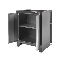 Gereedschapskasten set wandlengte 136 cm.  metaal omkleed werkblad, tweedeurs kast, hangkasten, gereedschapsbord, matzwart .