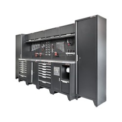 Gereedschapskasten set wandlengte 392 cm. metaal omkleed werkblad,  tweedeurs kast, 7 laden kasten, hoge kasten, matzwart.