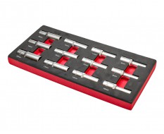 Set van 12 lange metrische doppen met 1/2 inch aansluiting in soft foam module.