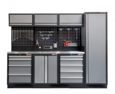 Werkbankset - met RVS plaat omkleed werkblad, gereedschapsbord matzwart, werkplaatsinrichting, 9 laden - 264 x 46 x 94,6 cm