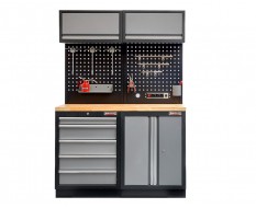 Werkbank set met hardhouten blad, gereedschapskast, gereedschapsbord matzwart - 5 laden - 136 x 46 x 94,5 / 199,5 cm