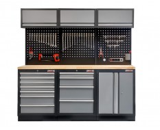 Werkbank set, gereedschapswand matzwart, 3 x hangkast en 11 laden - 204 x 46 x 200 cm werkplaatsinrichting