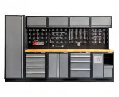 Werkbank set met hardhouten blad, gereedschapskast, gereedschapsbord matzwart, 4 hangkasten - 10 laden - 332 x 200 cm