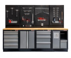 Werkbank set met hardhouten werkblad, gereedschapskast, gereedschapsbord matzwart, - 10 laden - 272 x 46 x 94,5 / 199,5 cm