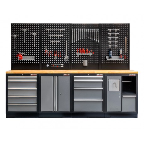 Werkbank set met hardhouten werkblad, gereedschapskast, gereedschapsbord matzwart, - 10 laden - 272 x 46 x 94,5 / 199,5 cm