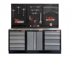 Werkbank set met MDF werkblad met RVS plaat omkleed, gereedschapsbord matzwart - 9 laden - 204 x 46 x 94,6 cm