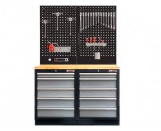 Werkbank set met hardhouten werkblad, gereedschapsbord matzwart en 10 laden - 136 x 46 x 94,5 / 199,5 cm.
