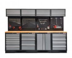 Werkbank set met hardhouten werkblad, gereedschapskast, gereedschapsbord matzwart - 17 laden - 272 x 46 x 94,5 / 199,5 cm