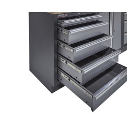 Werkbank set met hardhouten werkblad, gereedschapskast, gereedschapsbord matzwart - 17 laden - 272 x 46 x 94,5 / 199,5 cm