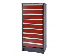 Professionele gereedschapskast donkerrood – werkplaatskast 155 cm. hoog met 9 laden.