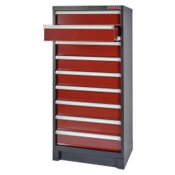 Professionele gereedschapskast donkerrood – werkplaatskast 155 cm. hoog met 9 laden.