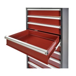Professionele gereedschapskast donkerrood – werkplaatskast 155 cm. hoog met 9 laden.