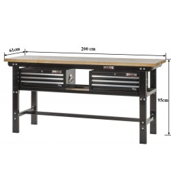 Werkbank zwart 200 cm met hardhouten blad en 2 gereedschapskisten Werkbank zwart 200 cm met hardhouten blad en 2 gereedschapskisten