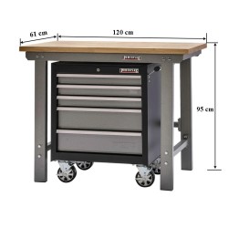 Werkbank grijs 120 cm met hardhouten blad en gereedschapswagen