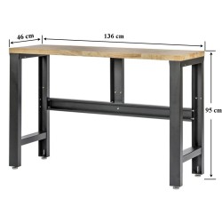 Stalen werkbank met hardhouten blad – 136 x 46 x 95 cm. incl. stelpootjes