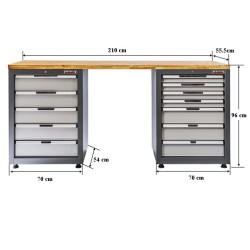 Werkbank Elite-Line 217 x 55,5 x 96 cm. met 12 laden en hardhouten blad.