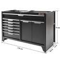 Zwarte, brede werkplaatskast 136 cm met 7 laden, afvalbak en magazijnbakjes