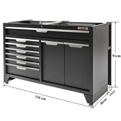 Zwarte, brede werkplaatskast 136 cm met 7 laden, afvalbak en magazijnbakjes