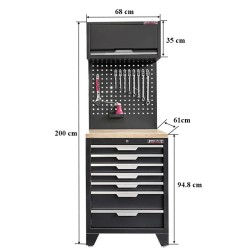 Gereedschapskasten set wandlengte 68 cm. 7 laden kast, hangkast, gereedschapsbord matzwart .