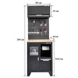 Gereedschapskasten set wandlengte 68 cm. kast met afvalbak, hangkast, gereedschapsbord matzwart