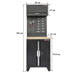Gereedschapskasten set wandlengte 68 cm. lage tweedeurs kast, hangkast, gereedschapsbord matzwart .