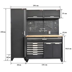 Gereedschapskasten set wandlengte 196 cm. hoge kast, hangkasten, werkbank met laden matzwart