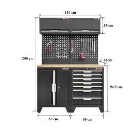 Gereedschapskasten set wandlengte 136 cm. tweedeurs kast, hangkasten, gereedschapsbord, matzwart .