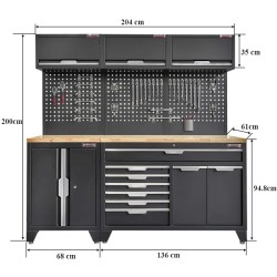 Gereedschapskasten set wandlengte 204 cm. lage tweedeurs kast, 9 laden werkbank, hangkast, gereedschapsbord matzwart Gereedschapskasten set wandlengte 204 cm. lage tweedeurs kast, 9 laden werkbank, hangkast, gereedschapsbord matzwart