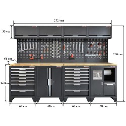 Gereedschapskasten set wandlengte 272 cm. tweedeurs kast, 7 laden kasten, hangkasten, gereedschapsbord, matzwart .