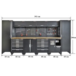 Gereedschapskasten set wandlengte 392 cm. tweedeurs kast, 7 laden kasten, hangkasten, hoge kasten, matzwart.