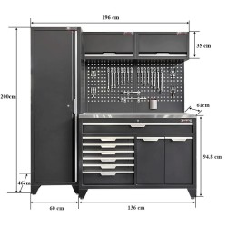 Gereedschapskasten set wandlengte 196 cm. metaal omkleed werkblad, hoge kast, hangkasten, werkbank met laden matzwart