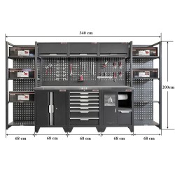 Gereedschapskasten set wandlengte 340 cm. metaal omkleed werkblad, tweedeurs kast, afvalbak, magazijnstelling, matzwart
