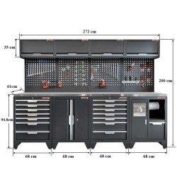 Gereedschapskasten set wandlengte 272 cm. metaal omkleed werkblad, tweedeurs kast, 7 laden kasten, hangkasten, matzwart .