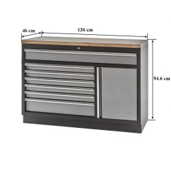 Werkplaatskast / werkbank met 7 laden + draaideurkast met hardhouten werkblad - 136 x 46 x 94,8 cm