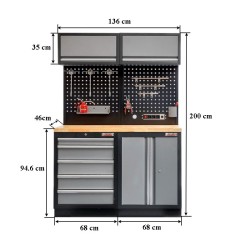 Werkbank set met hardhouten blad, gereedschapskast, gereedschapsbord matzwart - 5 laden - 136 x 46 x 94,5 / 199,5 cm