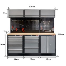 Werkbank set, gereedschapswand matzwart, 3 x hangkast en 11 laden - 204 x 46 x 200 cm werkplaatsinrichting Werkbank set, gereedschapswand matzwart, 3 x hangkast en 11 laden - 204 x 46 x 200 cm werkplaatsinrichting
