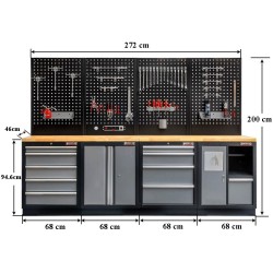 Werkbank set met hardhouten werkblad, gereedschapskast, gereedschapsbord matzwart, - 10 laden - 272 x 46 x 94,5 / 199,5  cm