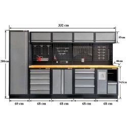 Werkbank set met hardhouten blad, gereedschapskast, gereedschapsbord matzwart, 4 hangkasten - 10 laden - 332 x 200 cm