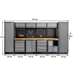 Complete Werkplaatsinrichting, houten blad, gereedschapskast, gereedschapsbord matzwart, 4 x hangkast,10 laden, 392 x 200 cm.