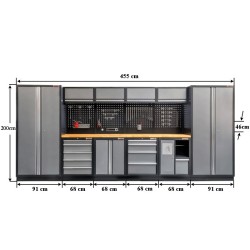 Complete Werkplaatsinrichting, werkbank houten blad, gereedschapskast, gereedschapsbord matzwart, 10 laden, 455 x 200 cm.