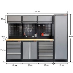 Werkbank set met hoge kast, gereedschapswand matzwart, 3 x hangkast en 11 laden - 264 x 46 x 200 cm werkplaatsinrichting
