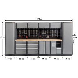 Complete Werkplaatsinrichting, werkbank houten blad, gereedschapskast, gereedschapsbord matzwart,15 laden, 392 x 200 cm.