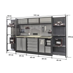Complete Werkplaatsinrichting, Werkbank set, gereedschapskast, Magazijnstelling, 3 x hangkast, 5 laden, 342 x 200 cm