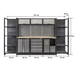 Complete Werkplaatsinrichting, werkbank houten blad, gereedschapskast, Magazijnstelling, 3 x hangkast, 5 laden, 342 x 200 cm Complete Werkplaatsinrichting, werkbank houten blad, gereedschapskast, Magazijnstelling, 3 x hangkast, 5 laden, 342 x 200 cm